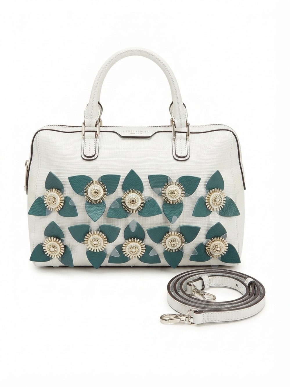 Henri Bendel West 57th Appliquéd Floral Satchel – Pearlescent White & Teal RARE